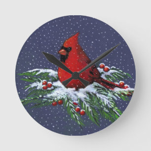 Reloj Redondo Mediano Cardenal en rama del pino Nevado: Navidad: