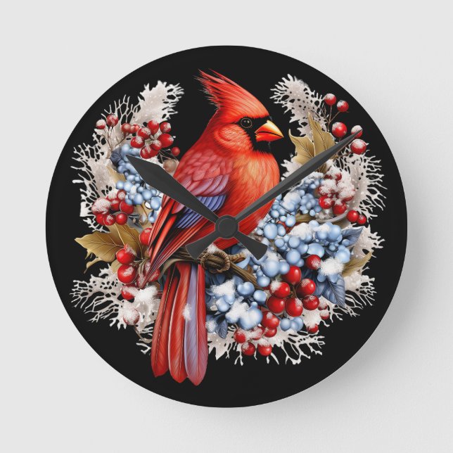 Reloj Redondo Mediano Cardenal rojo de Winter Wonderland (Anverso)
