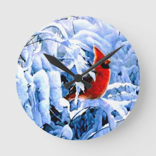 Reloj Redondo Mediano Cardenal rojo en la nieve de invierno