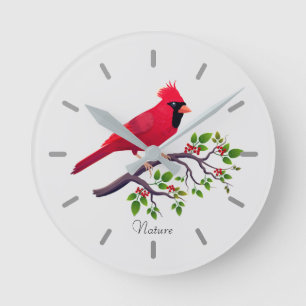 Reloj Redondo Mediano Cardenal Rojo en Rama de Árbol