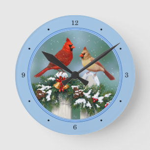 Reloj Redondo Mediano Cardenales festivos y guirnalda de Navidad