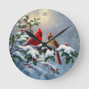 Reloj Redondo Mediano Cardenales rojos y acebo en la nieve