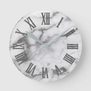 Reloj Redondo Mediano Carrara gris blanca de plata Numbe romano de