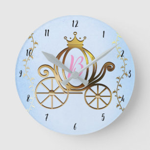 Reloj Redondo Mediano Carruaje de princesa dorado cuento azul personaliz