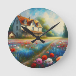 Reloj Redondo Mediano Casa de campo en un campo de flores