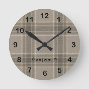Reloj Redondo Mediano Casa de Campo Rústica Beige Gris Cuadros Tartán