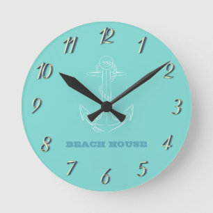 Reloj Redondo Mediano Casa de Playa, Ancla, Verde Menta