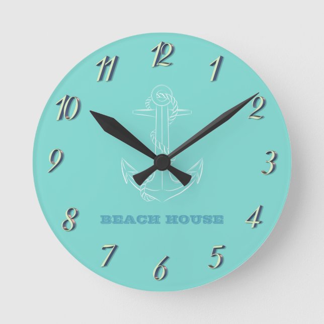 Reloj Redondo Mediano Casa de Playa, Ancla, Verde Menta (Anverso)