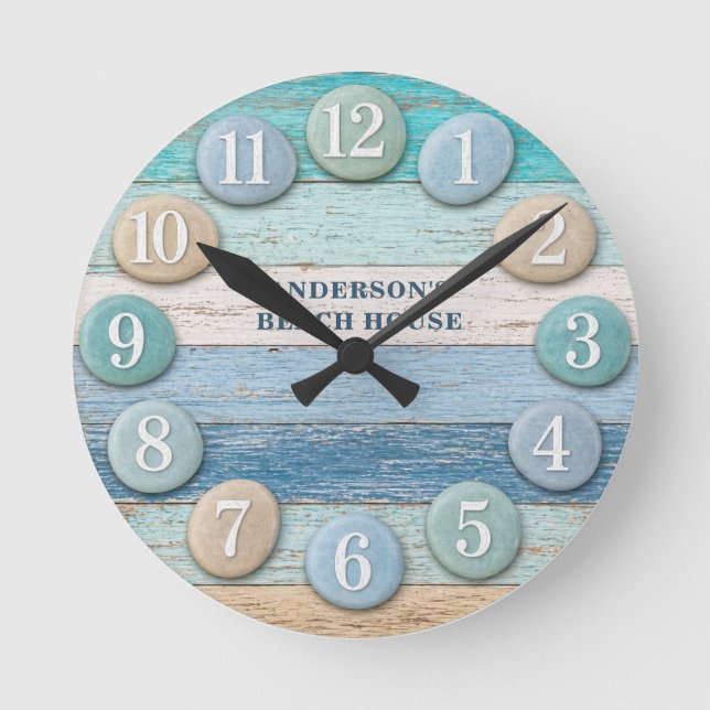 Reloj Redondo Mediano Casa de Playa de Madera Azúl Rústica Costera (Anverso)