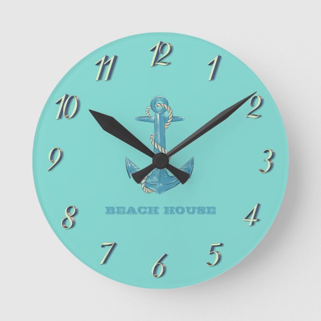 Reloj Redondo Mediano Casa de playa náutica, Anchor, Rope, Mint Green  (Anverso)