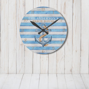 Reloj Redondo Mediano Casa de Playa Rústica Rayas Náuticas Personalizada