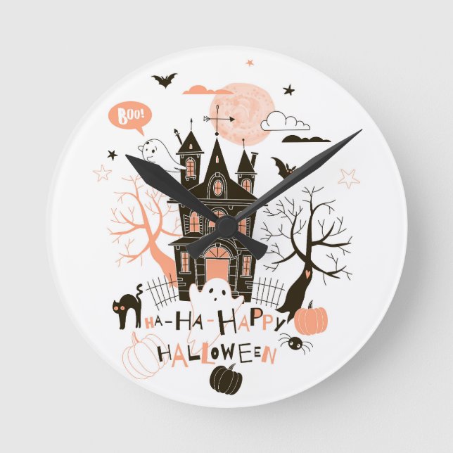 Reloj Redondo Mediano Casa embrujada "Ha Ha Happy Halloween" (Anverso)
