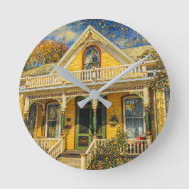 Reloj Redondo Mediano Casa Victoriana Amarilla de Fantasía