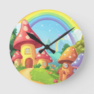 Reloj Redondo Mediano Casas de hongos y arco iris