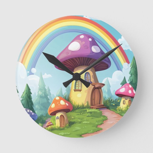 Reloj Redondo Mediano Casas de hongos y arco iris 14 (Anverso)