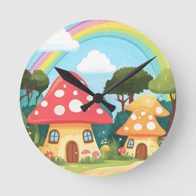 Reloj Redondo Mediano Casas de hongos y arco iris 15 (Anverso)