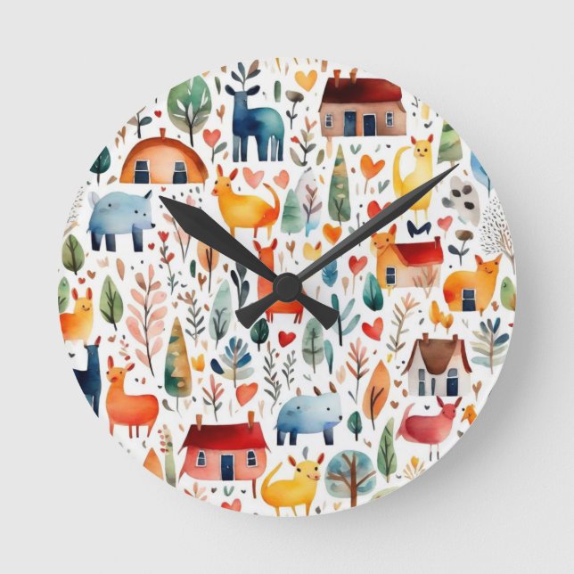 Reloj Redondo Mediano Casas rojas y casas adorables Hoja de papel (Anverso)