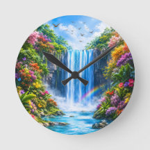 Cascada mágica con arcoíris y flor colorida
