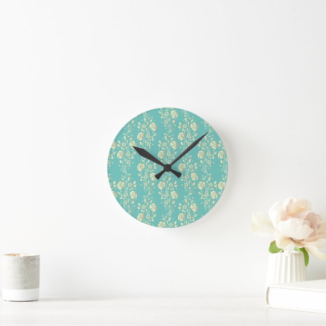 Reloj Redondo Mediano Cascading gold flowers on teal (Hogar)