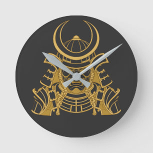 Reloj Redondo Mediano Casco Kabuto de Samurái Japonés Dorado y Máscara M