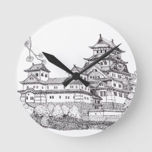 Reloj Redondo Mediano Castillo de Osaka Ilustracion blanco negro de Japó