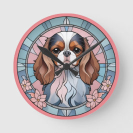Reloj Redondo Mediano Cavalier King Charles Pastel Vidrio Manchado Rosa