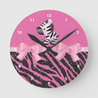 Reloj Redondo Mediano Cebra, purpurina y arcos rosados y estampado de