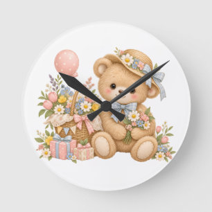 Reloj Redondo Mediano Celebración de osito de peluche vintage con flores