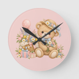 Reloj Redondo Mediano Celebración de osito de peluche vintage con flores