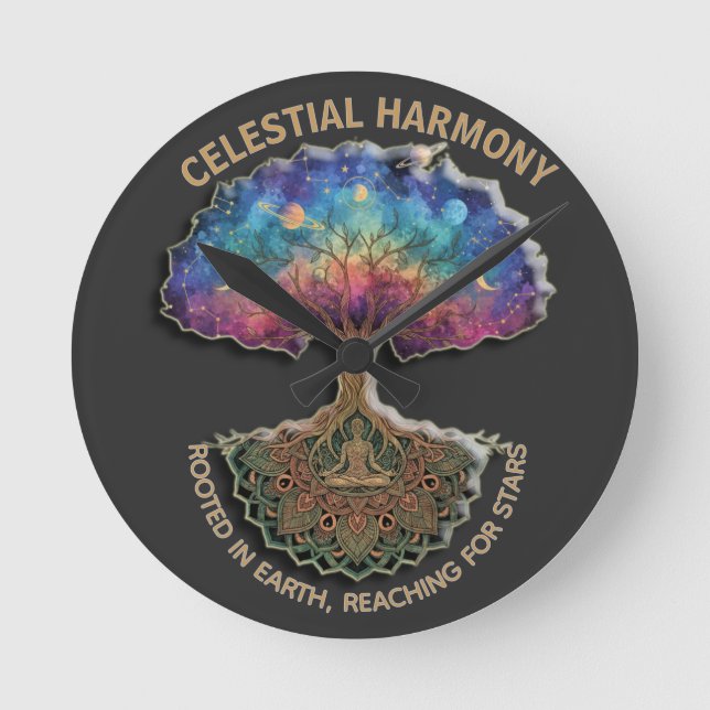 Reloj Redondo Mediano Celestial Harmony Tree | Cosmic Meditation Mandala (Anverso)
