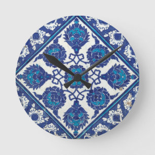 Reloj Redondo Mediano Cerámica turca tribal étnica floral del mosaico 