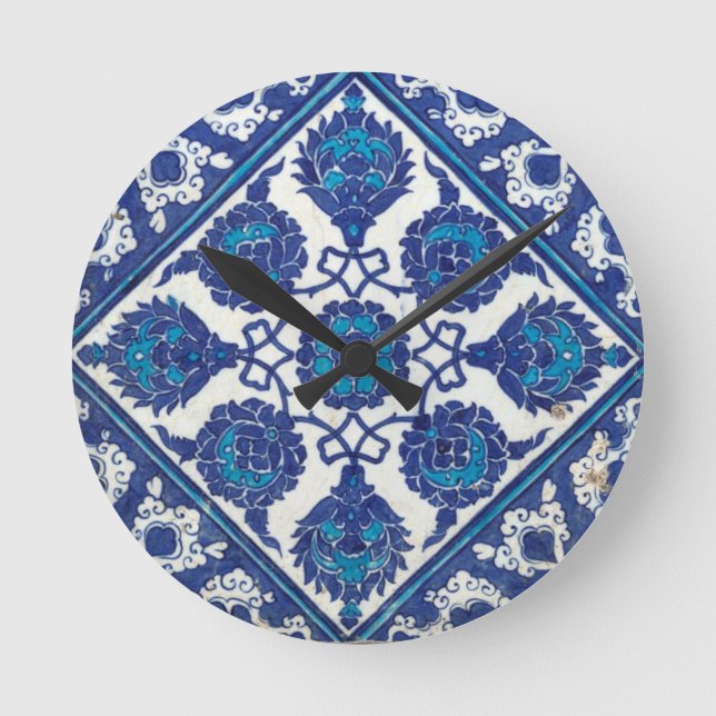 Reloj Redondo Mediano Cerámica turca tribal étnica floral del mosaico de (Anverso)