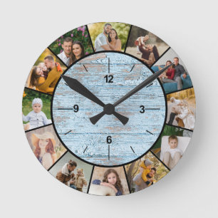 Reloj Redondo Mediano Cerca de madera azul rústica falsa Collage de 12 f
