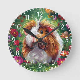 Reloj Redondo Mediano Cerdo de Guinea entre las flores