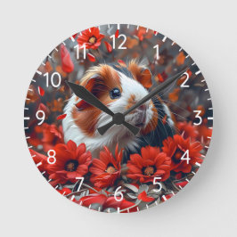 Reloj Redondo Mediano Cerdo guineano entre flores rojas