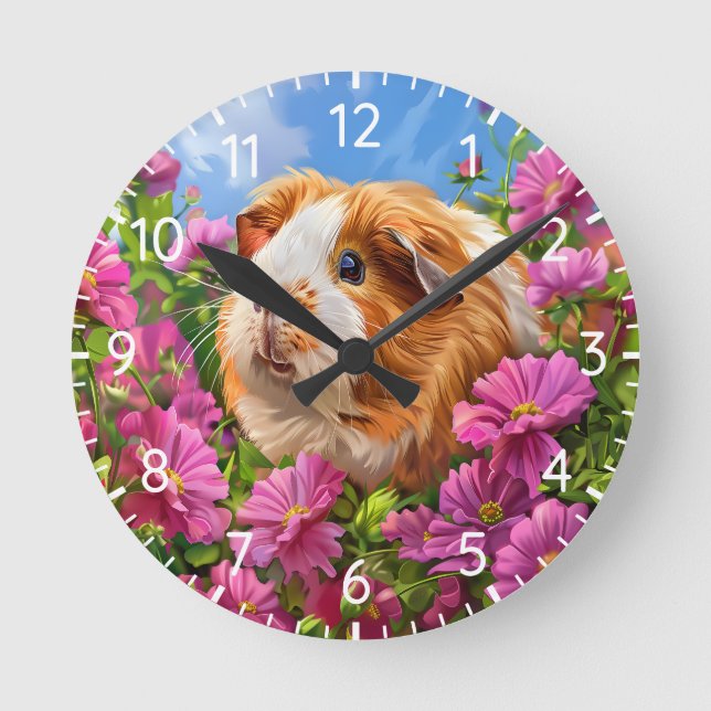 Reloj Redondo Mediano Cerdo guineano entre flores rosadas (Anverso)