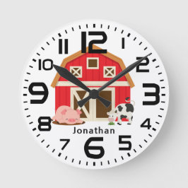 Reloj Redondo Mediano Cerdo Vaca Granero Rojo Niños Personalizado