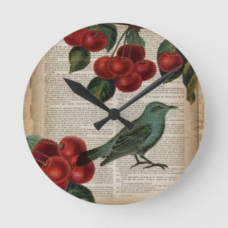 Reloj Redondo Mediano cereza roja botánica retra del pájaro francés del