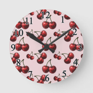 Reloj Redondo Mediano Cerezas Rojas Brillantes Rosadas Glamour Retro