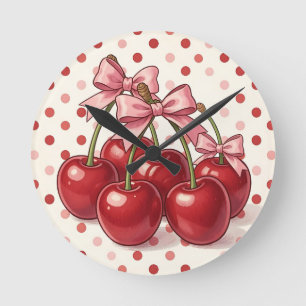 Reloj Redondo Mediano Cerezas Rojas Dulces Lazos Rosados Lunares Retro 
