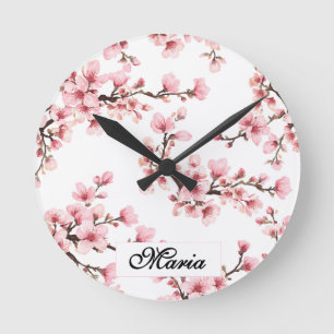 Reloj Redondo Mediano Cerezo japonés monograma Rosa Azul Flor de cerezo