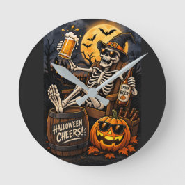 Reloj Redondo Mediano Cerveza de Halloween Esqueleto, un divertido y esp