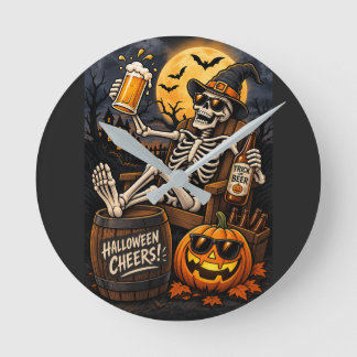 Reloj Redondo Mediano Cerveza de Halloween Esqueleto, un divertido y esp