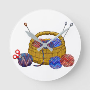 Reloj Redondo Mediano Cesta de Yarn Knitting Needles Crochet