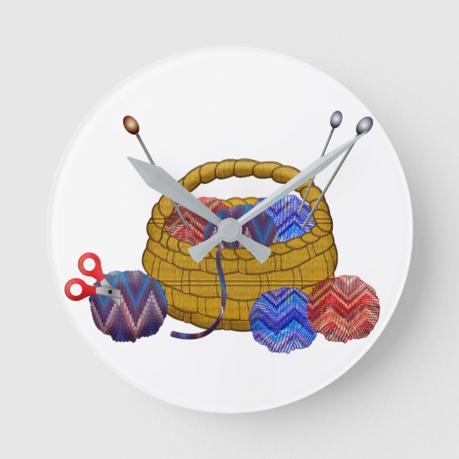 Reloj Redondo Mediano Cesta de Yarn Knitting Needles Crochet (Anverso)