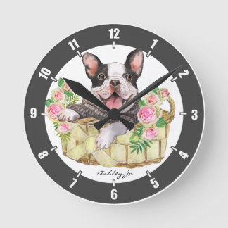 Reloj Redondo Mediano Cesta floral de Bulldog francés personalizada