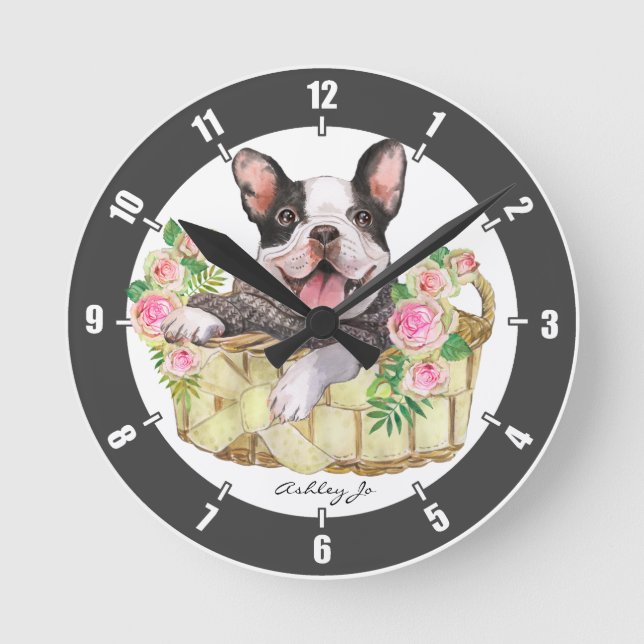 Reloj Redondo Mediano Cesta floral de Bulldog francés personalizada (Anverso)