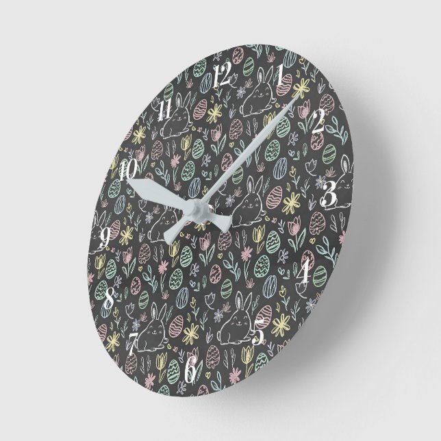 Reloj Redondo Mediano Chalkboard Easter Bunny Doodle Pattern (Ángulo)
