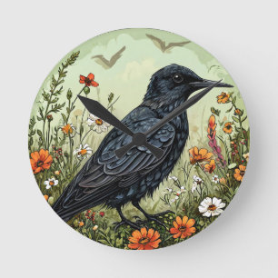 Reloj Redondo Mediano Charrán negro Ave entre flores en flor