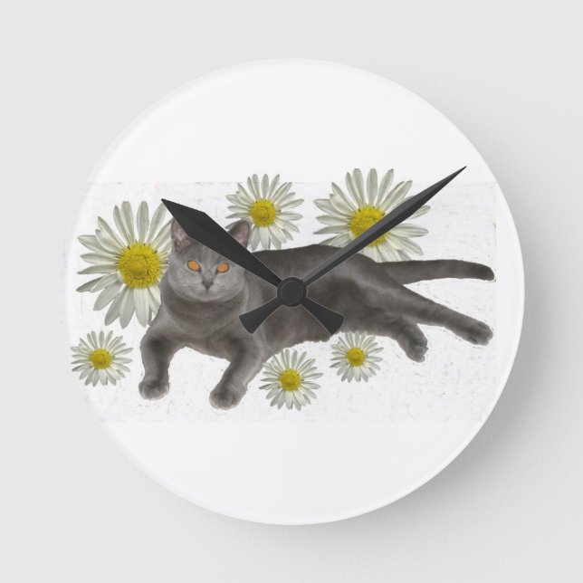 Reloj Redondo Mediano Chartreux Cat con daisies (Anverso)